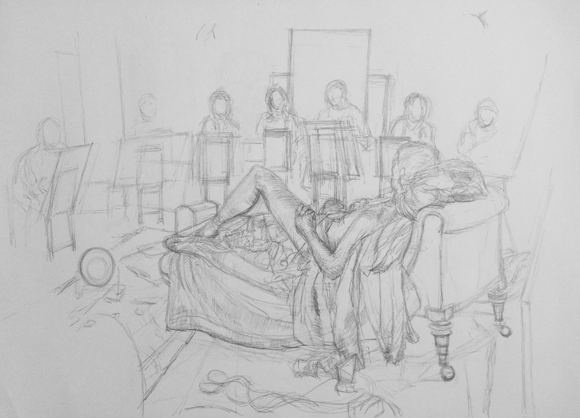 Pencil drawing of a reclining man