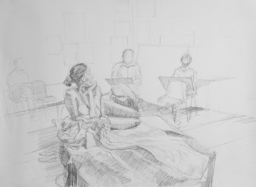 Pencil drawing of a woman lying down