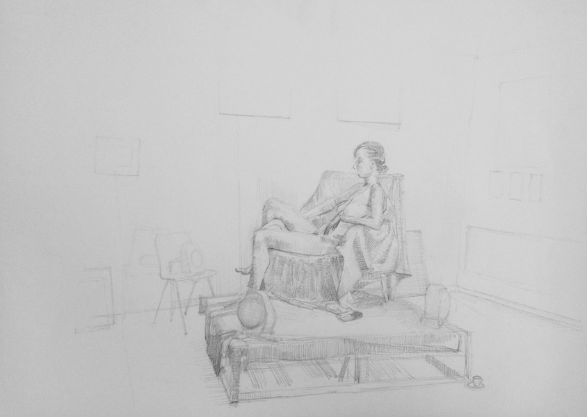 Pencil drawing of a woman sitting in a chair
