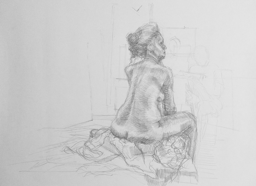Pencil drawing of a woman seated